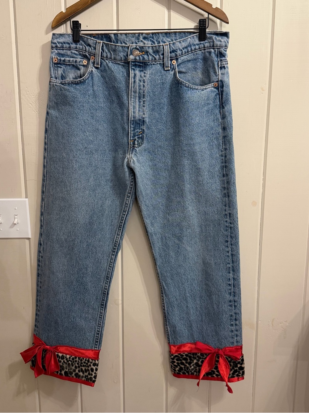 Cool Levi's Denim Straight Leg Jeans w/ Red Ribbon & Leopard Cuffs, W36 x L31